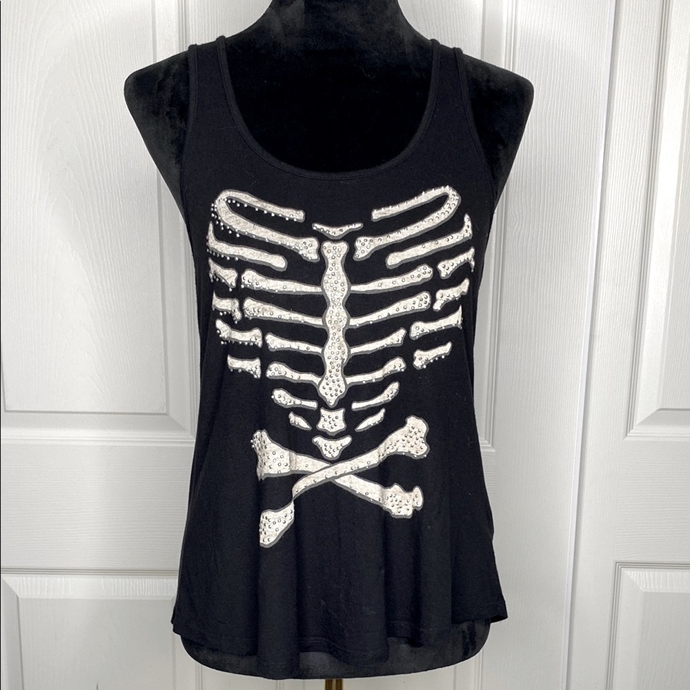 The Clas-sic Rhinestone Skeleton Rib Cage Black Tank Top